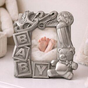 Vintage Baby Keepsake Photo Frame Silver Teddy Bear Blocks Nursery Decor